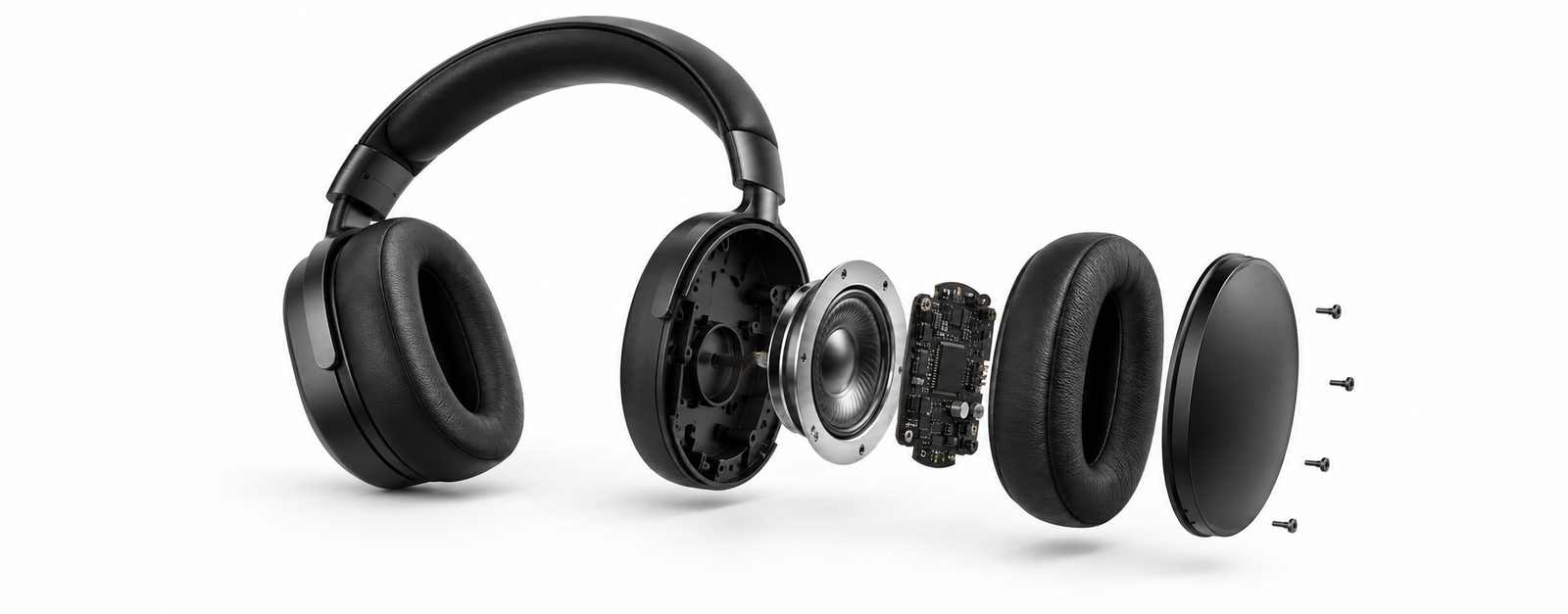 Exploded-view illustration of black headphones, revealing the components that can be repaired and reused