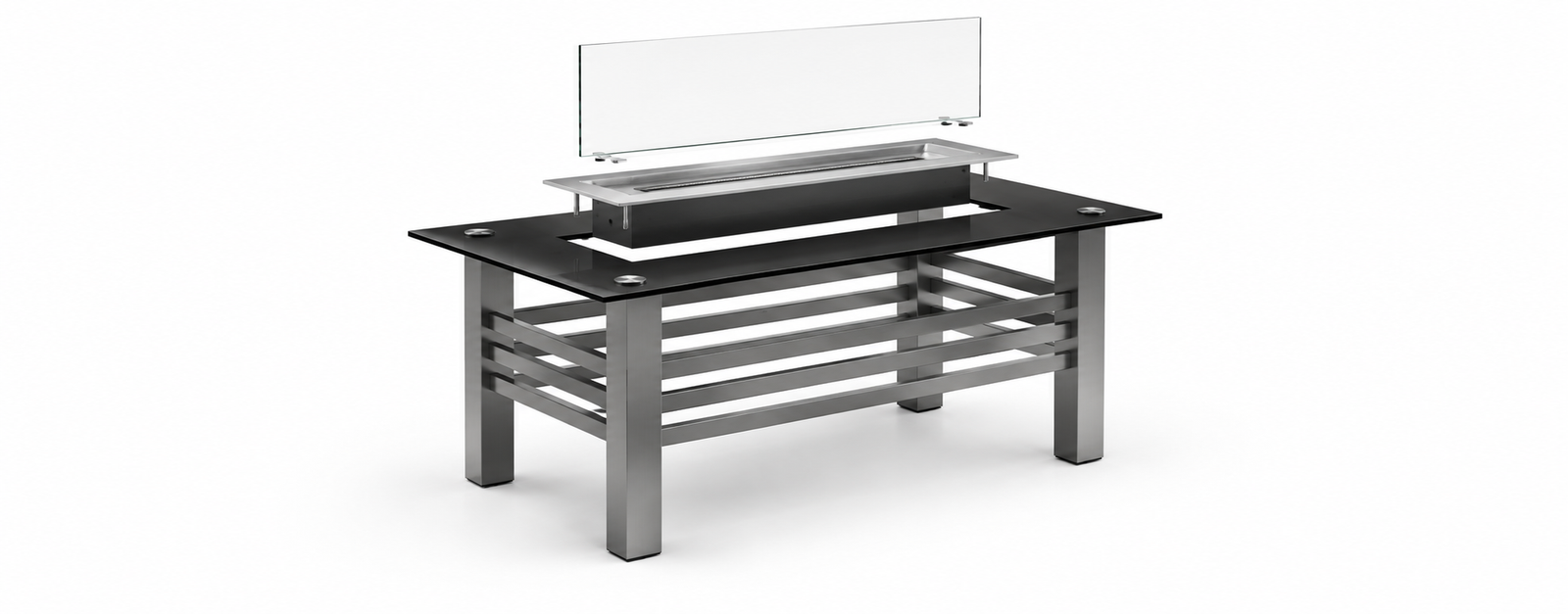 Conceptual exploded-view illustration of the Instrooments patio fireplace frame, top, burner, and glass