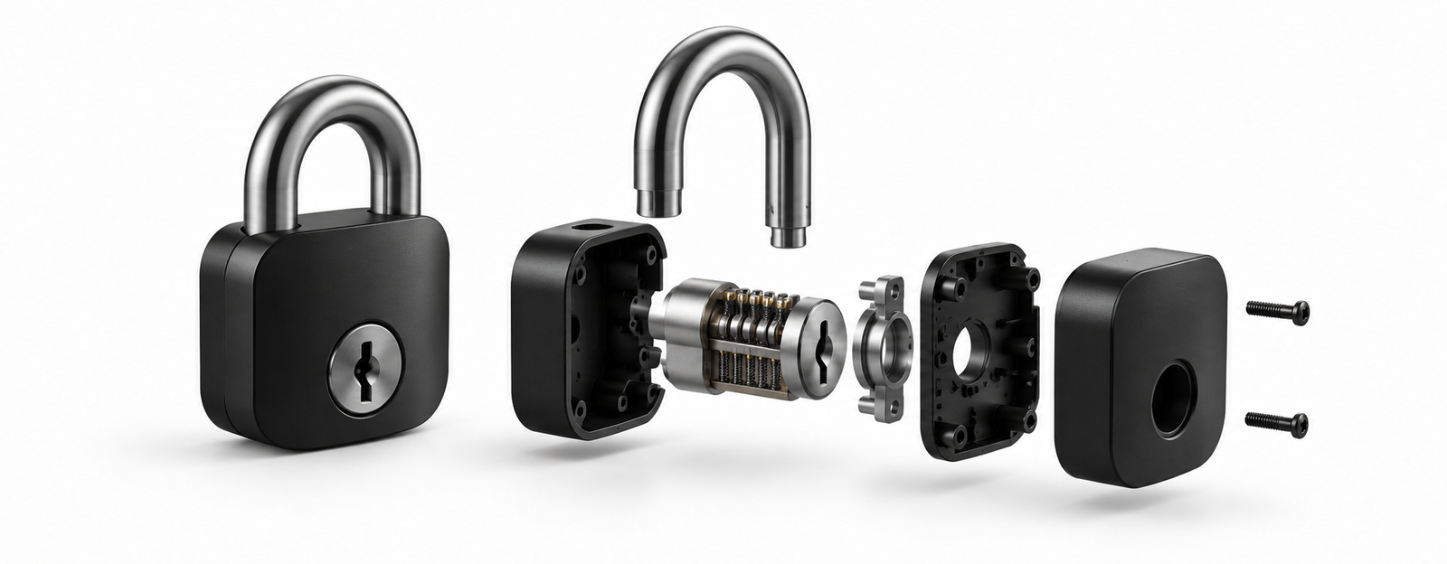 Exploded-view illustration of a matte black padlock and its metal mechanism