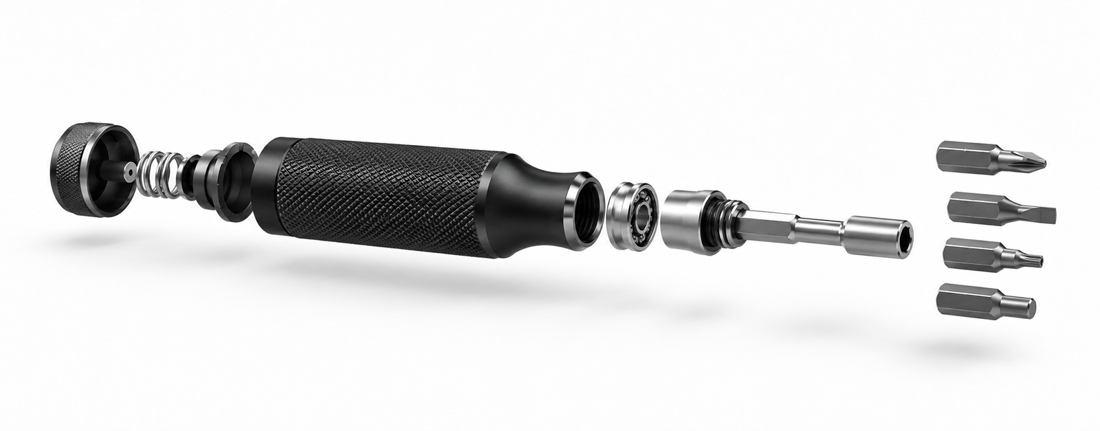 Exploded-view illustration of a black and silver precision screwdriver
