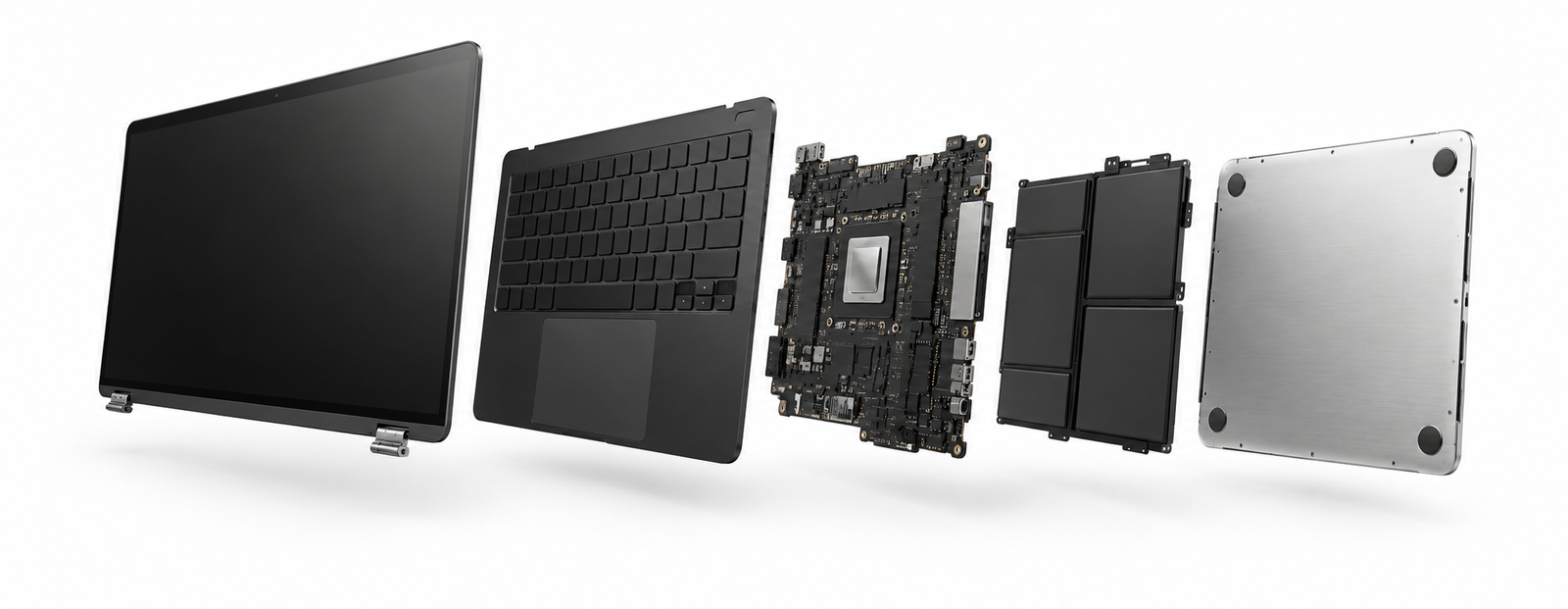 Exploded-view illustration of a black laptop and its reusable internal components